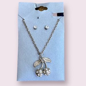 Clear Crystal Cherry Pendant Necklace and Earring Set in Silver
